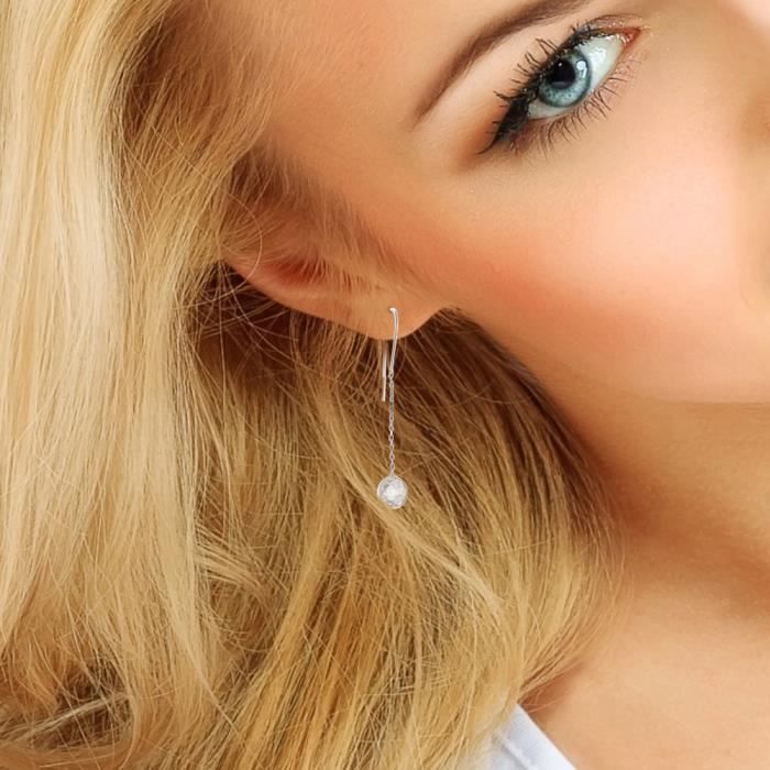 Boucles D'oreilles Pendantes Argent Massif – Zirconiums Brillants – Femme