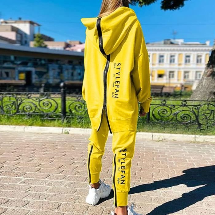 Femme Survtement Ensembles Tenues Sport Femme A Capuche Zipp Vestes Automne  Hiver Manche Longue Sweat Pull Capuche jaune