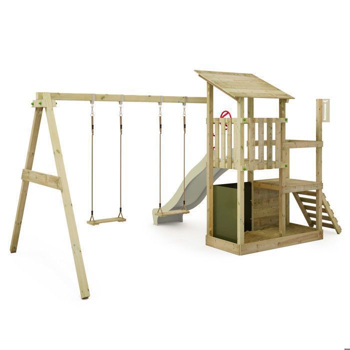 FATMOOSE Tour De Jeu Extérieur FruityForest Fun XXL – Avec Toboggan 220 Cm, Balançoire Surf, Bac à Sable, Mur D'Escalade – Bois Imprégné – FSC – Allemagne