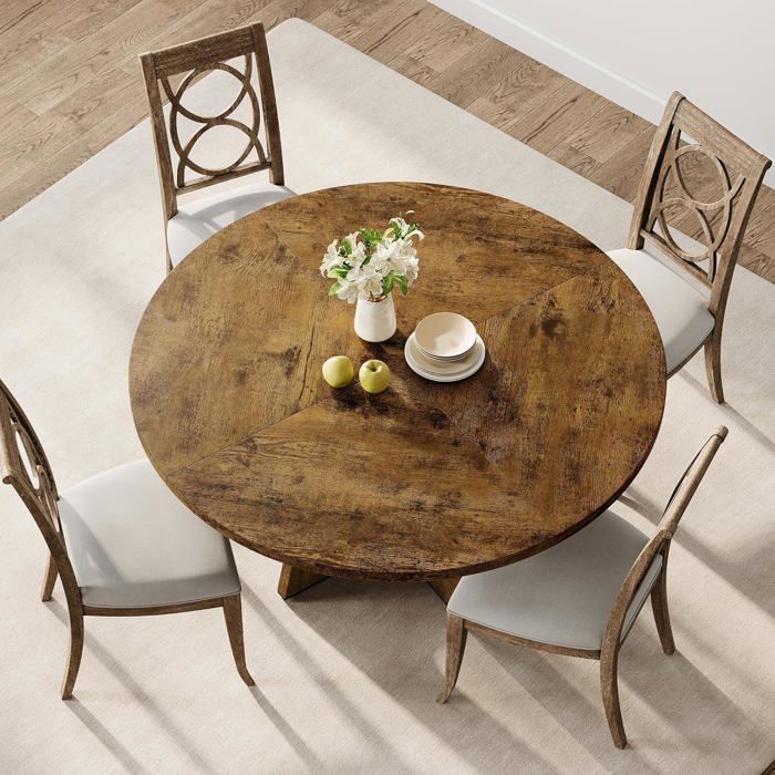 Table à Manger Ronde 120 Cm - Pour 4 Personnes, Plateau Bois, Pieds Croisés Acier, Style Rustique Moderne - Cuisine, Salon