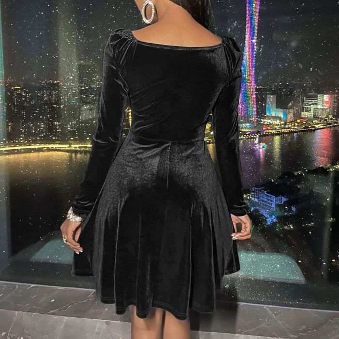 Robe en velours a col en V pour femme Noir Cdiscount Pret a Porter