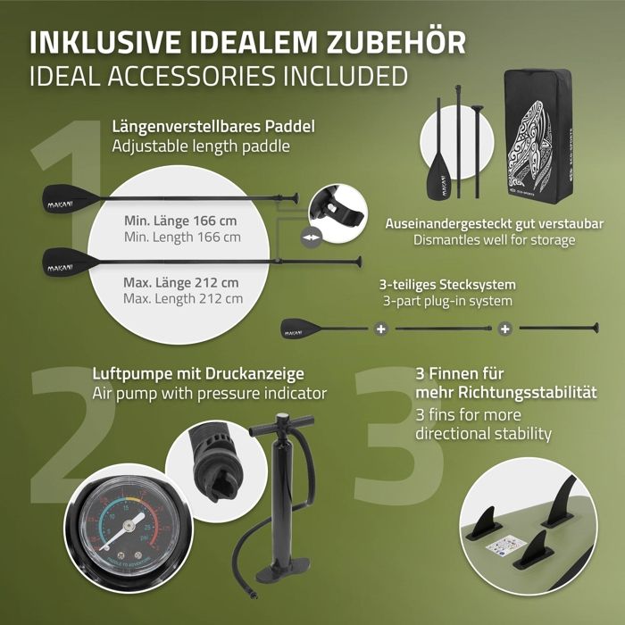 Paddle Board Gonflable ECD Germany – 320x82x15 Cm, 150 Kg, PVC, Kit Complet Avec Pompe, Pagaie, Sac, 3 Ailerons