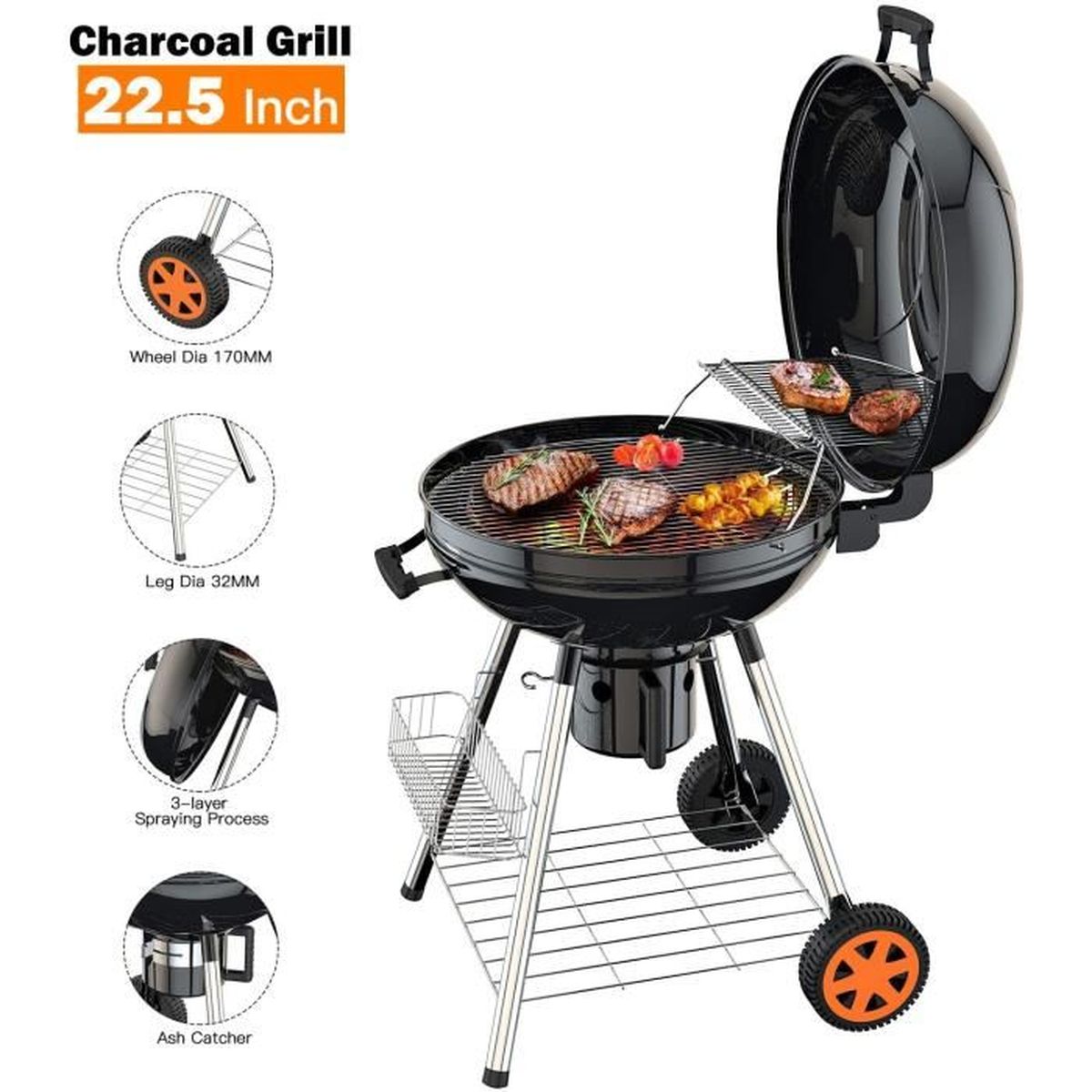 2Roues Réversible Couvercle TACKLIFE Barbecue Charbon de Bois 57cm Gril Portable à 2 Etagéres Camping pour Grande Famille CG01A 