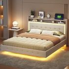 SWEIKO Lit adulte Lit rembourré 160x200 avec prise USB et lumière LED lit design pieds cachés lit double plat lin beige