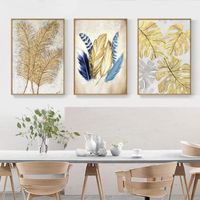 Tableau sur toile moderne feuille d'or bleu plume décorative fond Tableau art photos décor à la maison-50x70cmx3 sans cadre