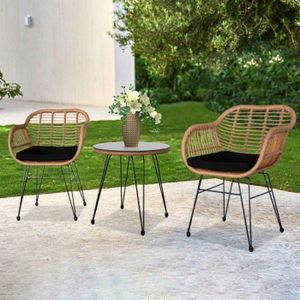 Ensemble table et chaise de jardin Meuble de jardin Ensemble, 2 x chaises + 1 x table, avec coussin, Rotin tressé
