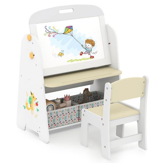 DREAMADE – 4 En 1 Chevalet D’art Avec Tabouret – Tableau Magnétique Double Face – Ardoise Effaçable – Porte-livre Réglable – Pour Enfants 3+ Ans – Gris