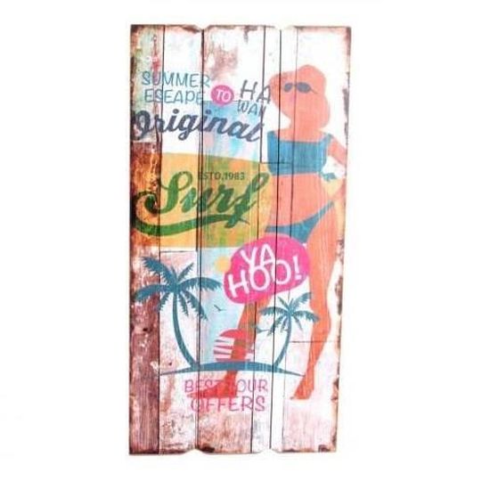 Tableau Déco Bois Van VW Plage Surf - Style Vintage Rétro - Dimensions 34,5 X 15 Cm