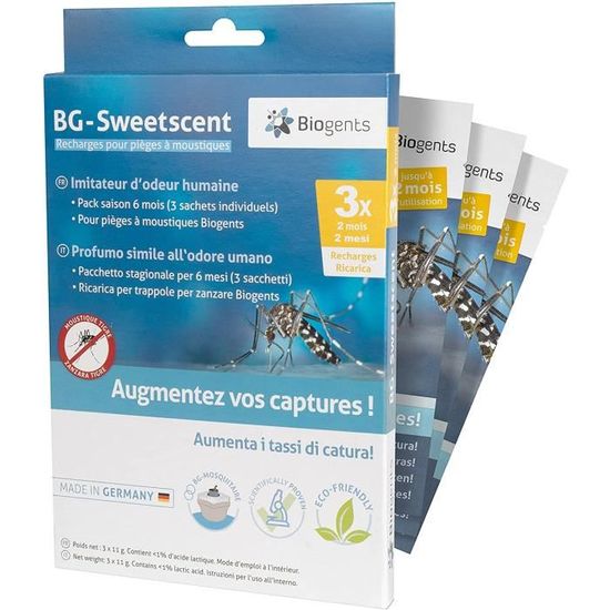 Biogents BG-Sweetscent Set de 3 Recharge de mélange odorant pour piège à moustiques BG-Mosquitaire extrêmement Efficace Contre Les moustiques Tigre Odeur de Peau Artificielle 