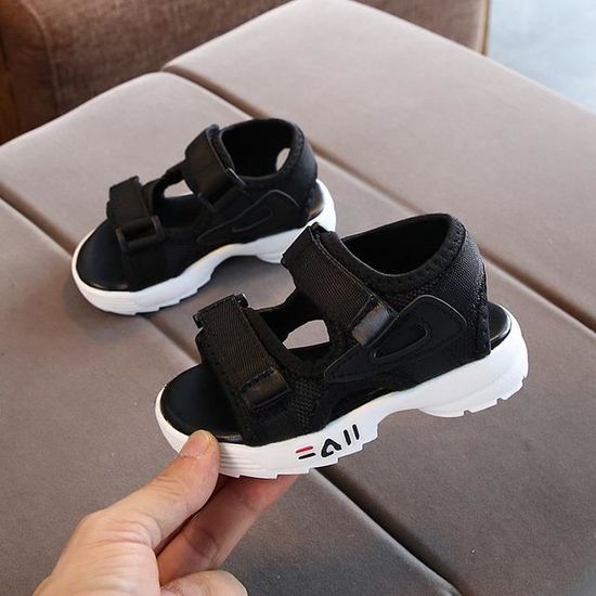 Sandales Enfant Cuir Souple - Semelle Caoutchouc Antidérapante - Boucle Réglable - Noir - Taille 27