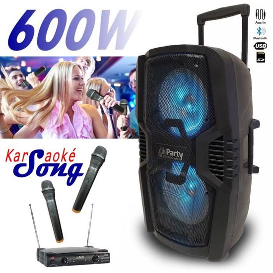 Enceinte Portable Autonome LED PARTY-210LED 600W - USB / Bluetooth - Micro SD - 2 Micros sans fil - Soirée Karaoke Anniversaire