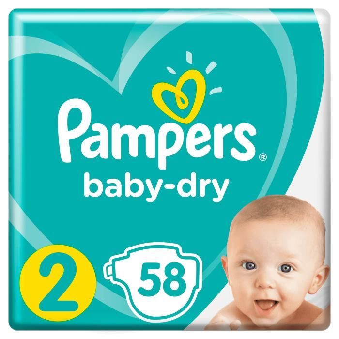 PAMPERS - COUCHES BABY DRY Taille 2 - 4-8kg Paquet de 58 - Couches