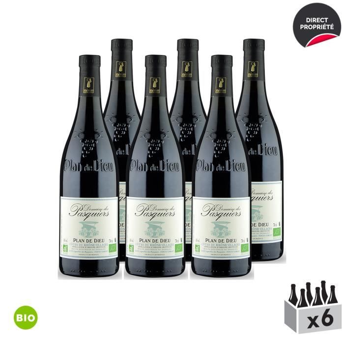 Côtes du Rhône Villages Plan de Dieu Rouge 2018 - Bio - Lot de 6x75cl - Domaine des Pasquiers - Vin AOC Rouge de la Vallée du Rhône