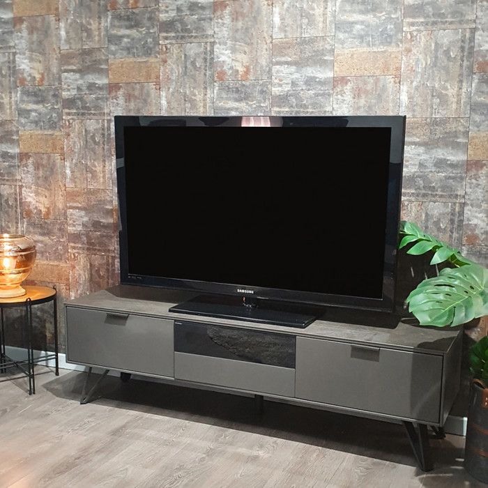 Meuble TV gris anthracite bois, céramique et pied métal - ONYX