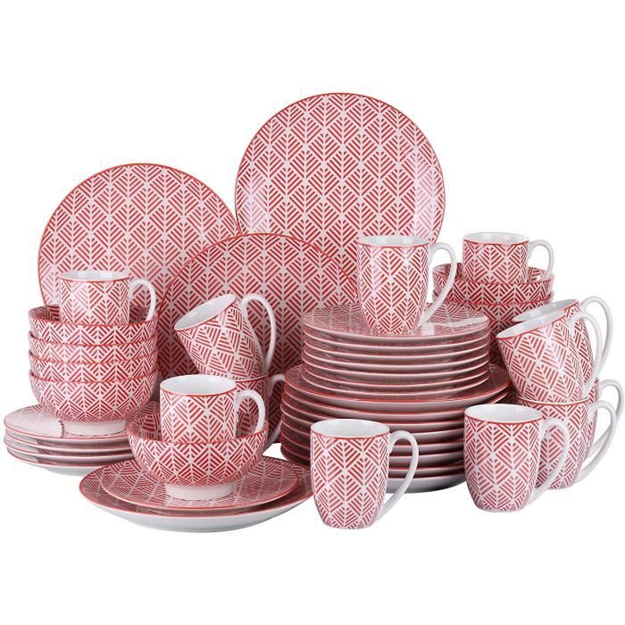 vancasso, série MOMOKO, Service de Table Complet en Porcelaine, Assiette Bols 48 pièces , Style Japonais-ROUGE