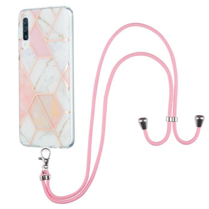 Coque Samsung Galaxy A50, Silicone Bling Marbre Motif à Carreau Avec Cordon Élégante Ultra-fin Anti-Rayure, Rose blanc