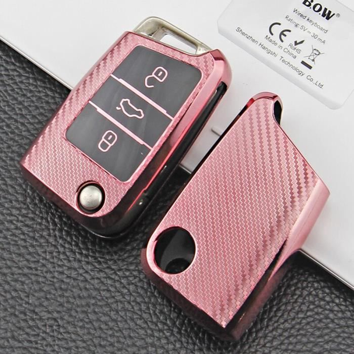Coque clé,Couverture de boîtier à distance de clé de voiture de Fiber de carbone de couleur pour Volkswagen VW Golf 7 - Type B-pink