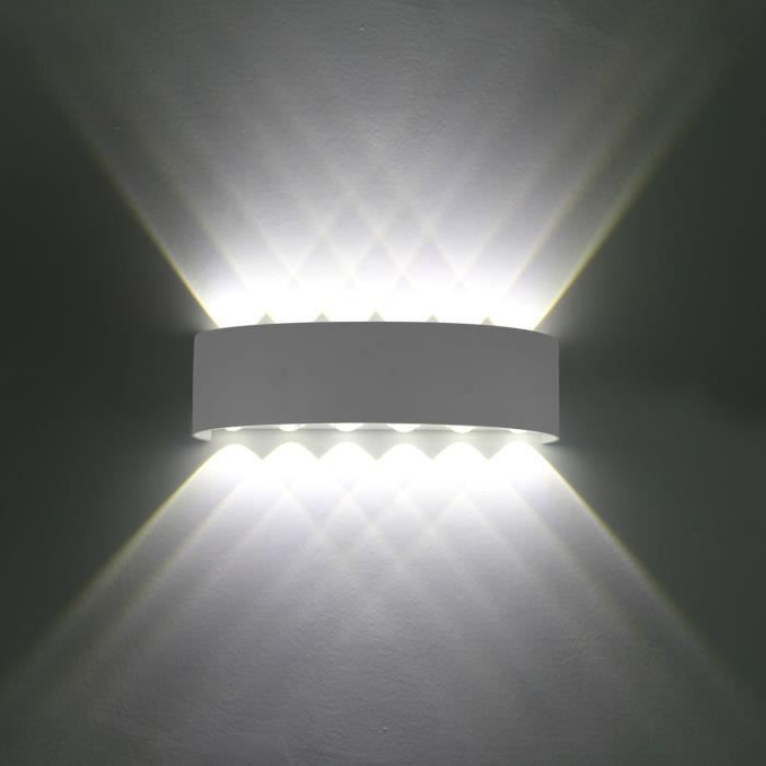 Applique Murale Interieur LED 12W Blanc Lampe Murale Moderne, IP65 Étanche appliques murales exterieures en Aluminium(Blanc Froid)