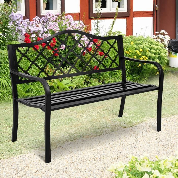 COSTWAY Banc de Jardin 3 Places Extérieur en Acier 127x60x89CM Noir Résistant aux Intempéries pour Pelouse,Terrasse,Véranda,Cour