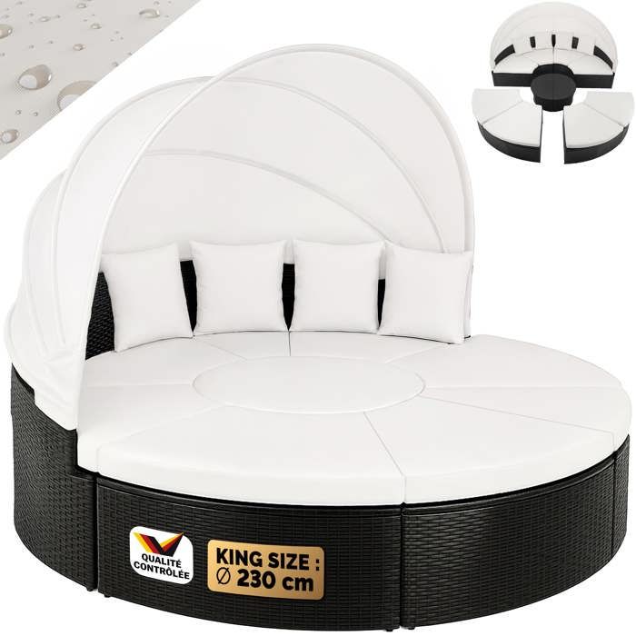 Deuba - Canapé • ensemble ovale en polyrotin noir avec coussins • 230 cm avec pare-soleil - Bain de soleil, salon de jardin, lounge
