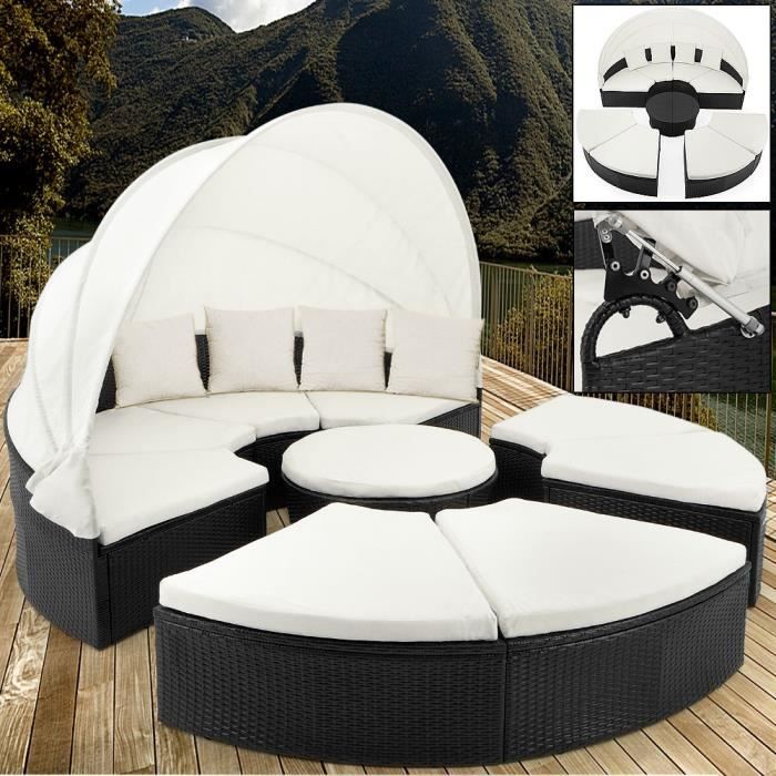 Deuba | Canapé • ensemble ovale en polyrotin noir avec coussins • 230 cm avec pare-soleil | Bain de soleil, salon de jardin, lounge