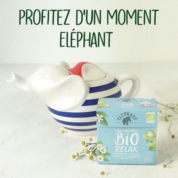 ELEPHANT Infusion Bio Relax avec Théière Eléphant en porcelaine - 20 sachets Pyramid
