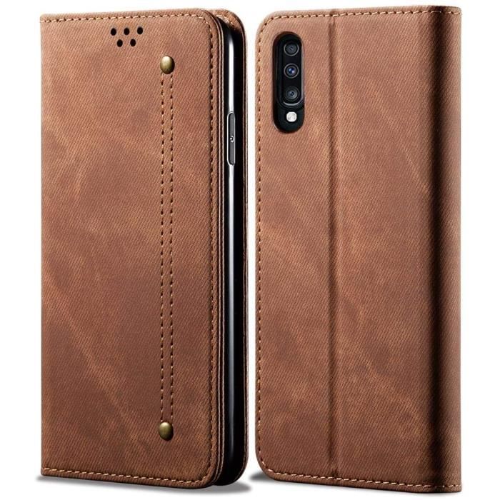 Housse Etui Samsung Galaxy A70, Etui En Cuir PU Ultra Fin Pour Samsung Galaxy A70 Etui Flip Avec Support Pliant - Marron AK