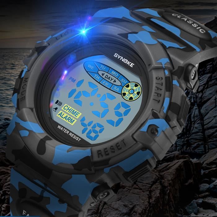 Montres enfants garçon sport bracelet camouflage bleu