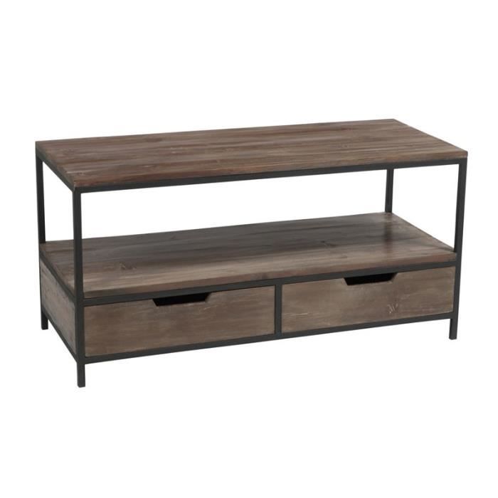 Meuble TV 2 tiroirs Bois-Métal - PELTY - L 120 x l 50 x H 60 cm