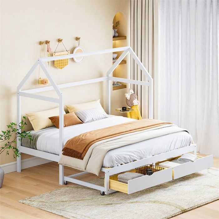 dripex lit d'enfant extensible, canapé-lit 90/180 x 190 cm,lit maison avec deux tiroirs et sommier à lattes,blanc