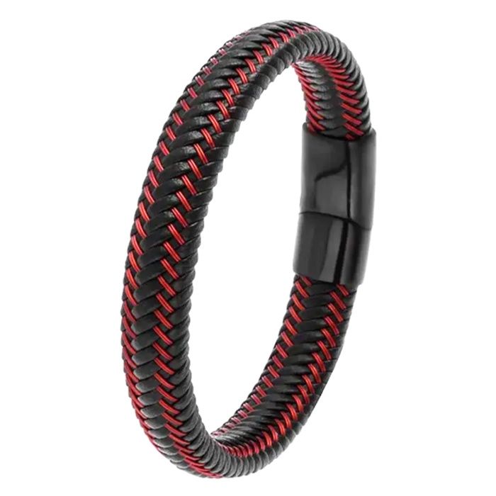 Bracelet ZENSE - ZB0394 - Homme - Cuir tressé noir rouge et fermeture magnétique - Casual -22 cm