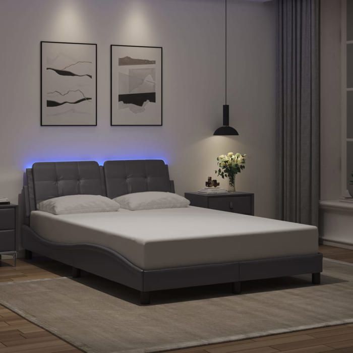 vidaXL Cadre de lit avec lumières LED gris 140x190 cm similicuir lit sommier lit en similicuir meuble de chambre à 3214106