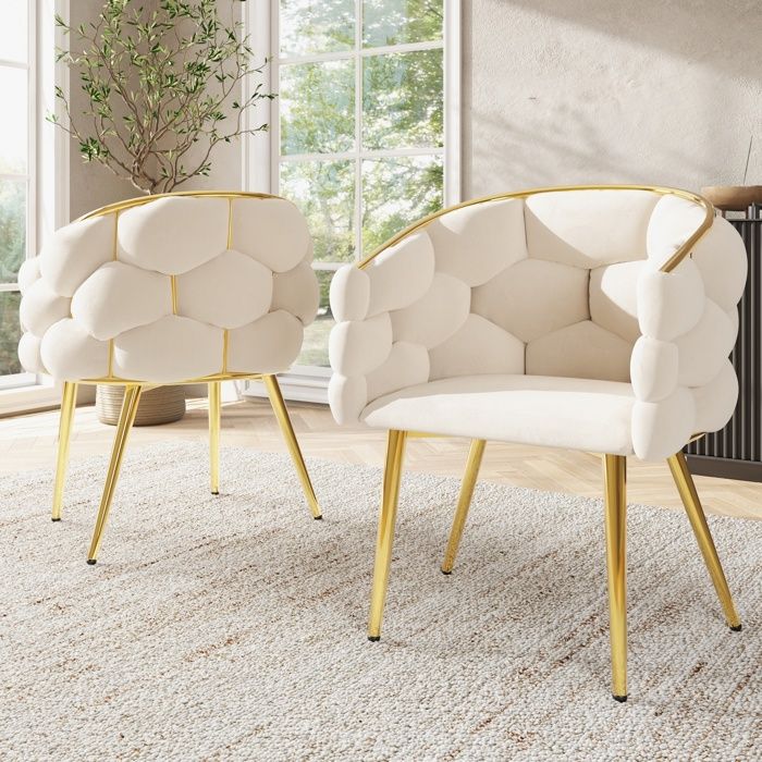 Chaises de Luxe en Velours 44x41x74cm2 PiècesPieds en Fer DoréFauteuil de Salonchaises de maquillageBeige