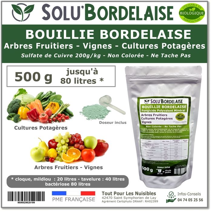 Comparer les prix de Solu'Bordelaise-500 g -Bouillie Bordelaise Non Colorée-Protection Arbres Fruitiers, Cultures Potagères, Vignes- UAB