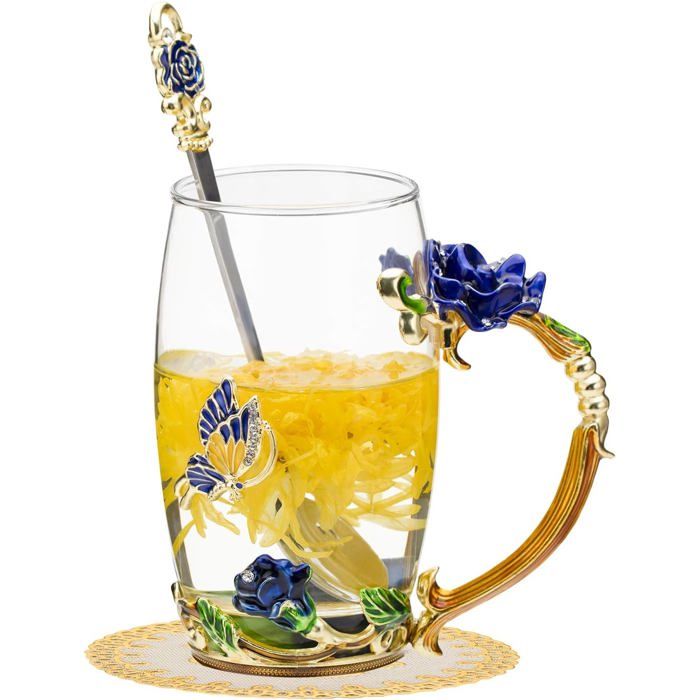 Tasse à Thé En Verre émaillé Motif Fleur Rose Et Rouge - 4,75 Tasses, Avec Napperon, Neuf