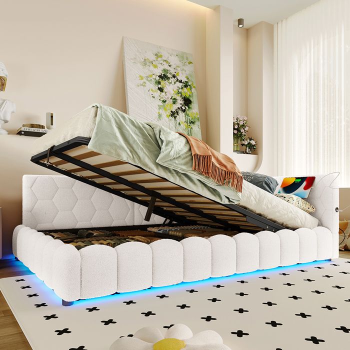 Lit Coffre 140x200 cm canapé-lit avec sommier à lattes avec lumineux LED ave port USB type C imitation polaire Blanc Lit Coffre 140x200 cm canapé-lit avec sommier à lattes avec lumineux LED ave port USB type C imitation polaire Blanc