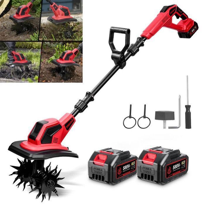 ONEVAN Motoculteur Électrique Sans Fil 21V 550W 24cm Largeur De Travail 17cm Profondeur Double Rouleau 2X 3000mAh Batteries