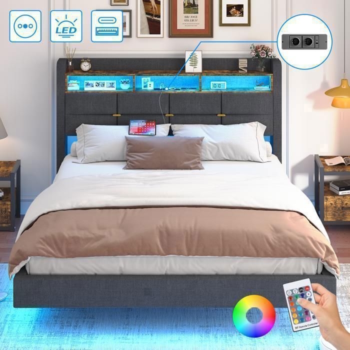 Lit 140x190 cm avec Sommier - NHHF - avec LED et USB - Lit Flottant 2 Personnes - Tête de Lit Rembourrée avec Rangement - Gris