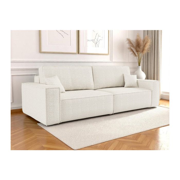 Canapé droit 3 places FARAH convertible en tissu bouclette - Blanc Canapé droit 3 places FARAH convertible en tissu bouclette - Blanc