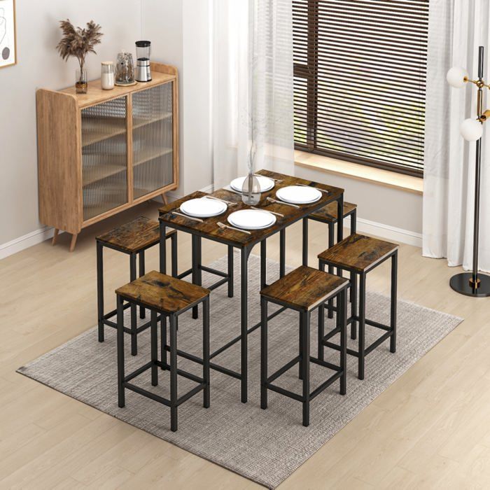 Ensemble Table de Salle à Manger Table de Bar et chaises de Bar Table Haute et 4 Tabouret -Marron