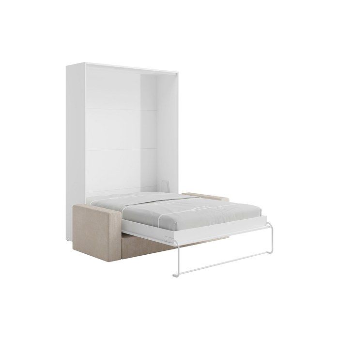 Lit escamotable 160 x 200 cm - Ouverture verticale manuelle - Blanc + Canapé en velours côtelé beige - BEGANIO