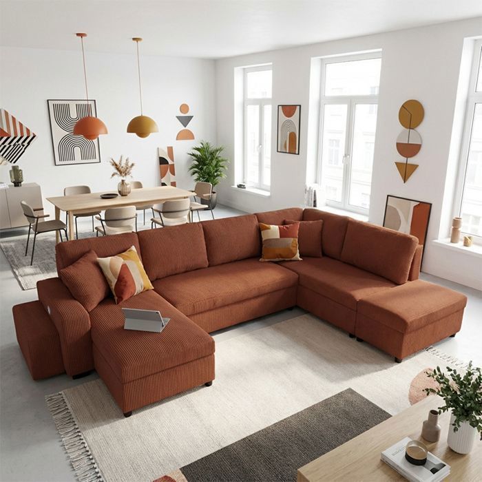 VEGA Canapé dangle reversible convertible TERRACOTTA (velours côtelé ) - Taille XL - 6 places - 326 x 157 x 83