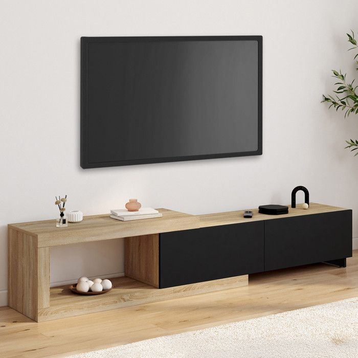 IDMARKET Meuble TV extensible 140-200 cm RAPHAEL 2 portes bois et noir
