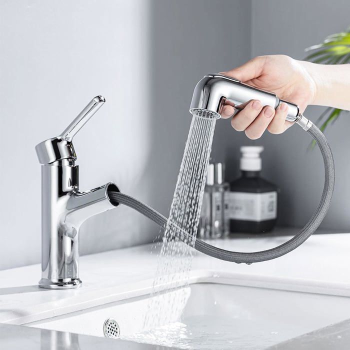Robinet de lavabo - PZCC - Modèle L - Laiton - Douchette extractible 2 modes - Cartouche céramique