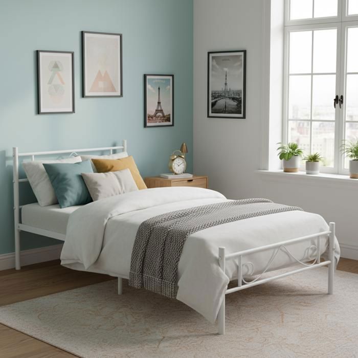 Lit simple - FURNITURER - FurnitureR Lit 1 Place en Métal - Blanc - 90x190 cm - Sommier inclus Lit simple - FURNITURER - FurnitureR Lit 1 Place en Métal - Blanc - 90x190 cm - Sommier inclus