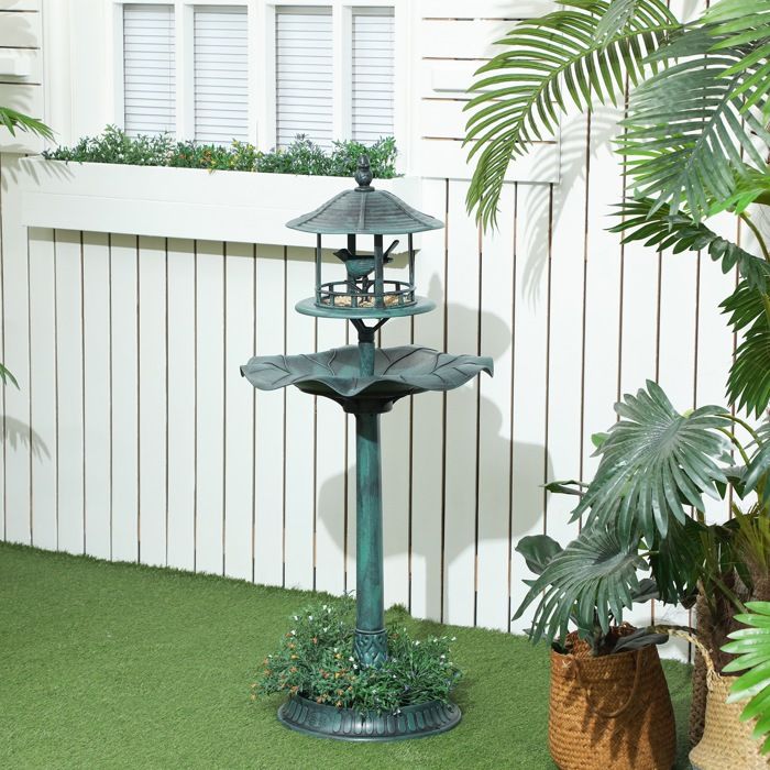 Bain doiseaux abreuvoir pour oiseaux jardinière 3 en 1 Ø 50 x 113 cm polypropylène vert-de-gris