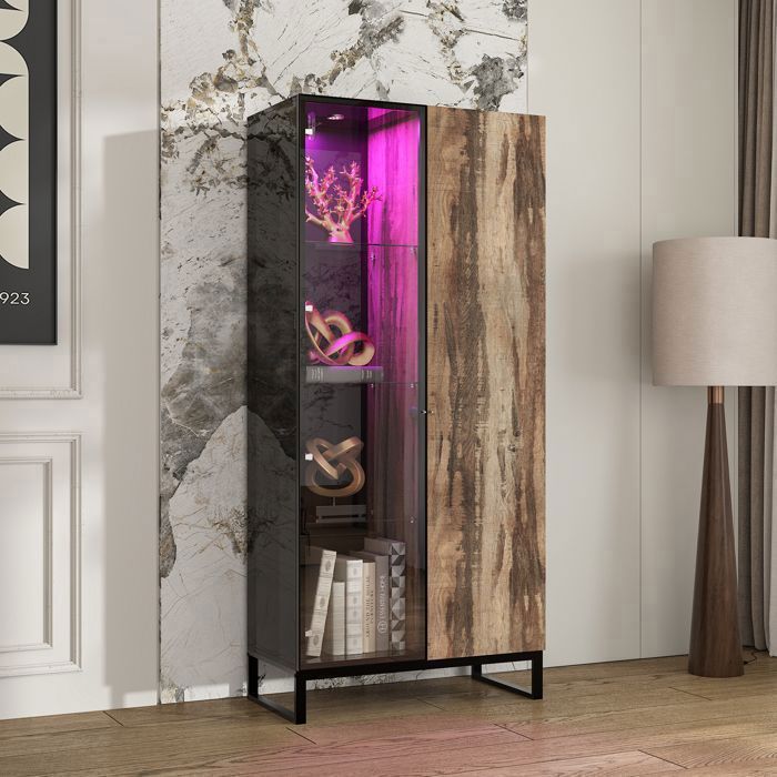 Vitrine en Verre avec LED 8 Couleurs Armoire de Collection avec 4 Étagères - 8 Compartiments Salon 80x41x175 Noir