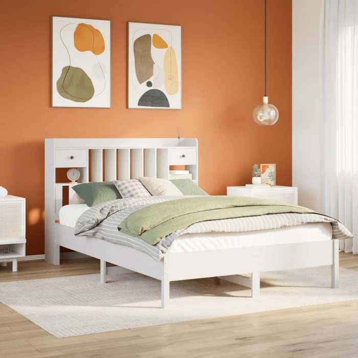 Lit bibliothèque en bois - vidaXL - 140x190 cm - Blanc - Bois de pin massif - Sommier à lattes