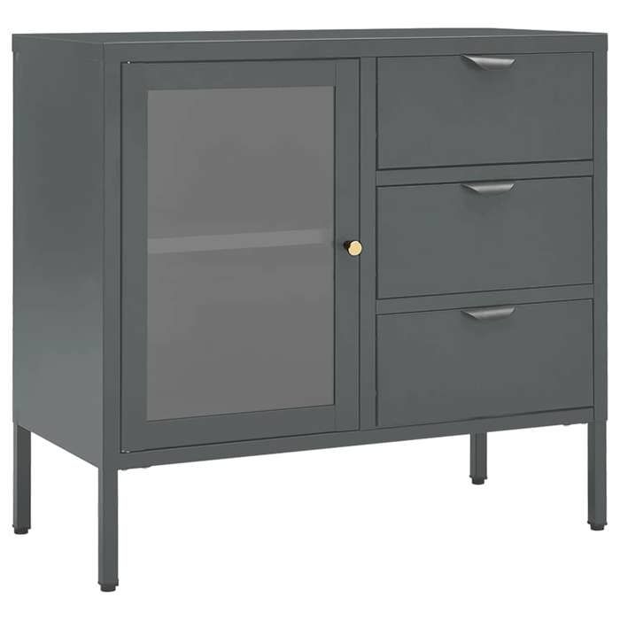 Buffet en acier et verre trempé - GKO - Anthracite - 75x35x70 cm - 1 étagère réglable - 3 tiroirs à glissières à billes