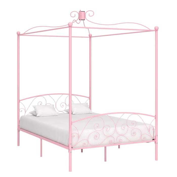 Lit à baldaquin en métal - UU - Rose - 140x200 cm - Structure robuste - Hauteur 28 cm - Accroche baldaquin